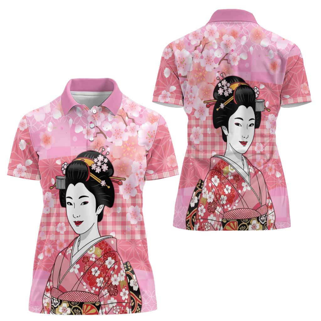 Japanese Geisha Cherry Blossom Women Polo Shirt Pink Palaka Hawaii Pattern Fusion Design