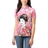 Japanese Geisha Cherry Blossom Women Polo Shirt Pink Palaka Hawaii Pattern Fusion Design
