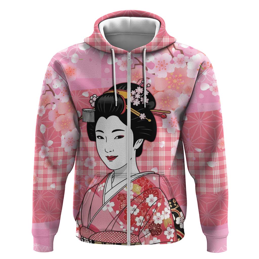 Japanese Geisha Cherry Blossom Zip Hoodie Pink Palaka Hawaii Pattern Fusion Design