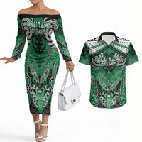 Aotearoa Iwi Ngai Tahu Personalised Couples Matching Off The Shoulder Long Sleeve Dress and Hawaiian Shirt Maori Kowhaiwhai Pattern LT19 Green - Polynesian Pride