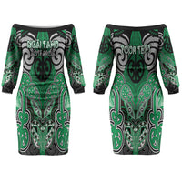 Aotearoa Iwi Ngai Tahu Personalised Couples Matching Off The Shoulder Long Sleeve Dress and Hawaiian Shirt Maori Kowhaiwhai Pattern LT19 - Polynesian Pride