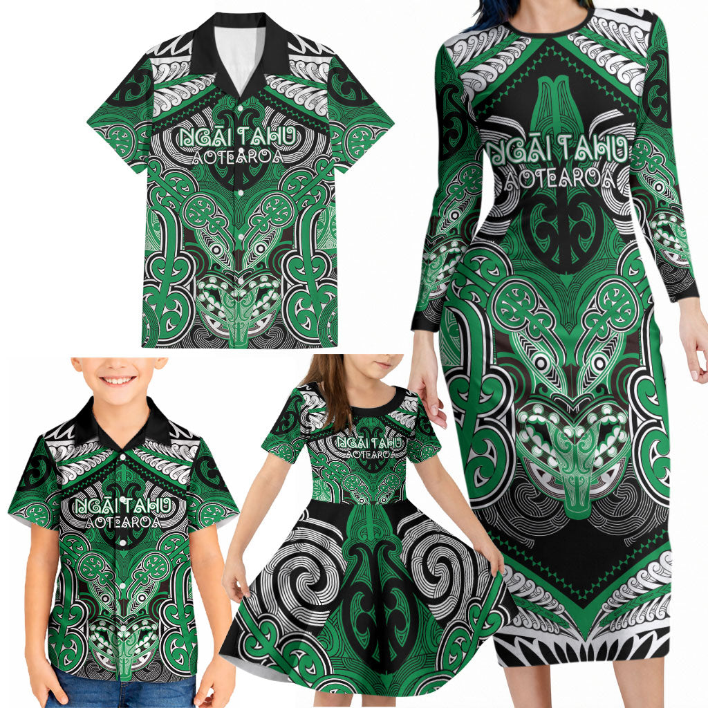 Aotearoa Iwi Ngai Tahu Personalised Family Matching Long Sleeve Bodycon Dress and Hawaiian Shirt Maori Kowhaiwhai Pattern