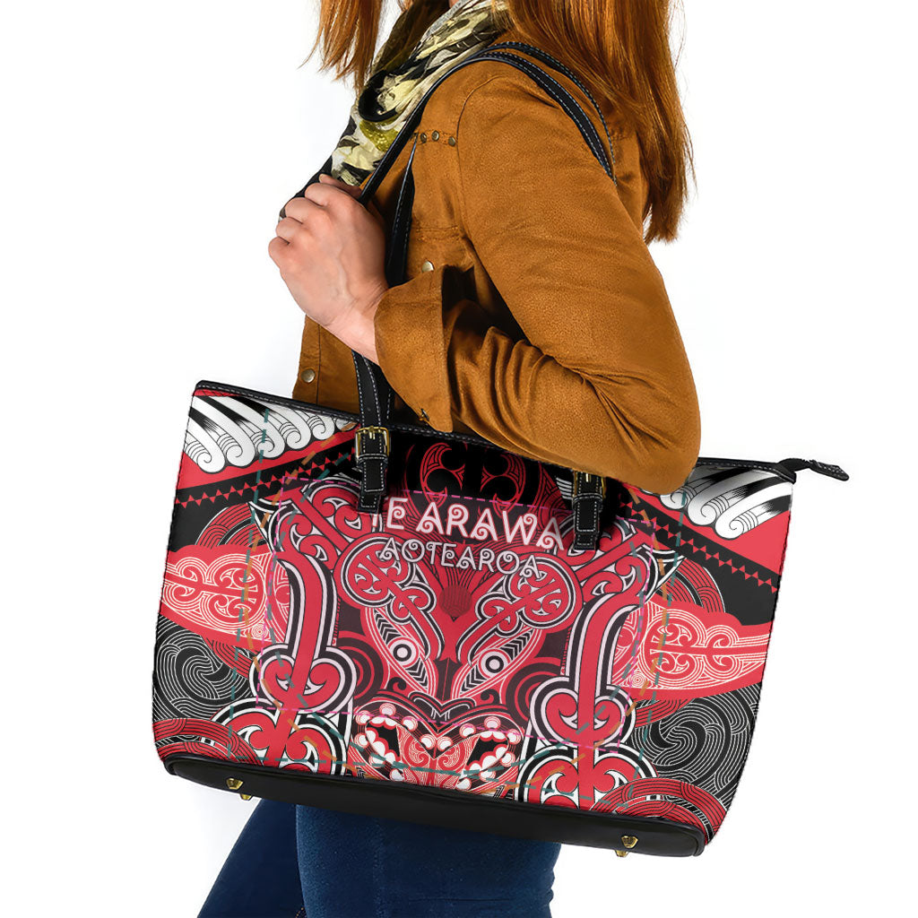 Aotearoa Iwi Te Arawa Leather Tote Bag Maori Kowhaiwhai Pattern LT19 Red - Polynesian Pride