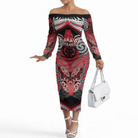 Aotearoa Iwi Te Arawa Personalised Off The Shoulder Long Sleeve Dress Maori Kowhaiwhai Pattern LT19 Women Red - Polynesian Pride