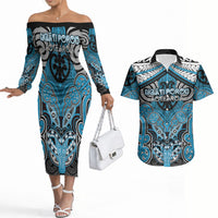 Aotearoa Iwi Ngati Porou Personalised Couples Matching Off The Shoulder Long Sleeve Dress and Hawaiian Shirt Maori Kowhaiwhai Pattern