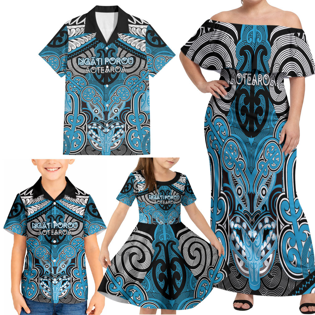 Aotearoa Iwi Ngati Porou Personalised Family Matching Off Shoulder Maxi Dress and Hawaiian Shirt Maori Kowhaiwhai Pattern
