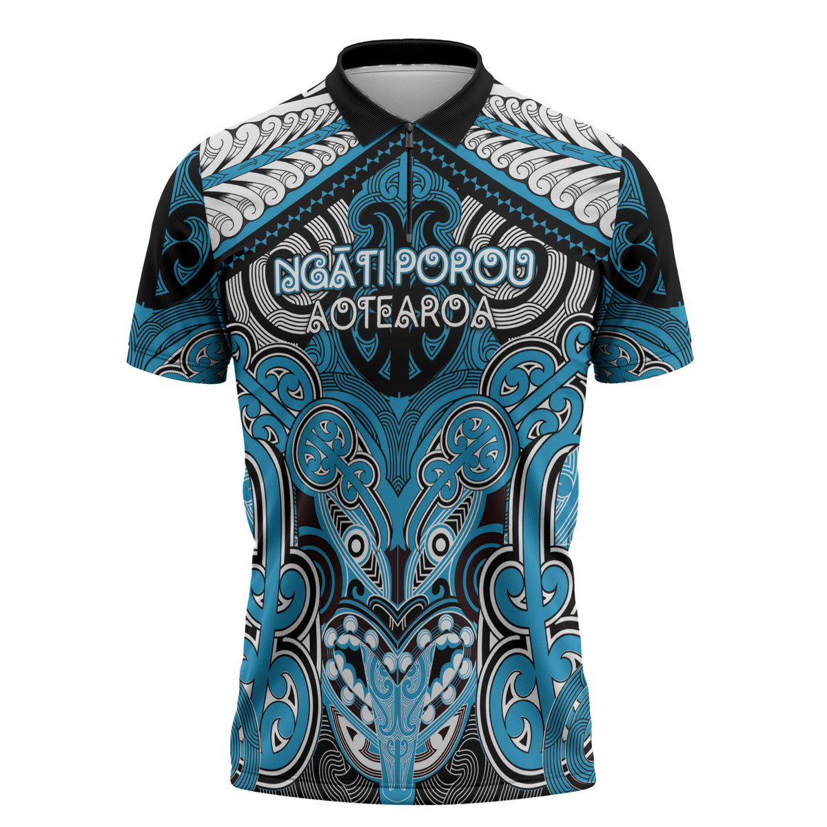 Aotearoa Iwi Ngati Porou Personalised Zipper Polo Shirt Maori Kowhaiwhai Pattern LT19 Blue - Polynesian Pride