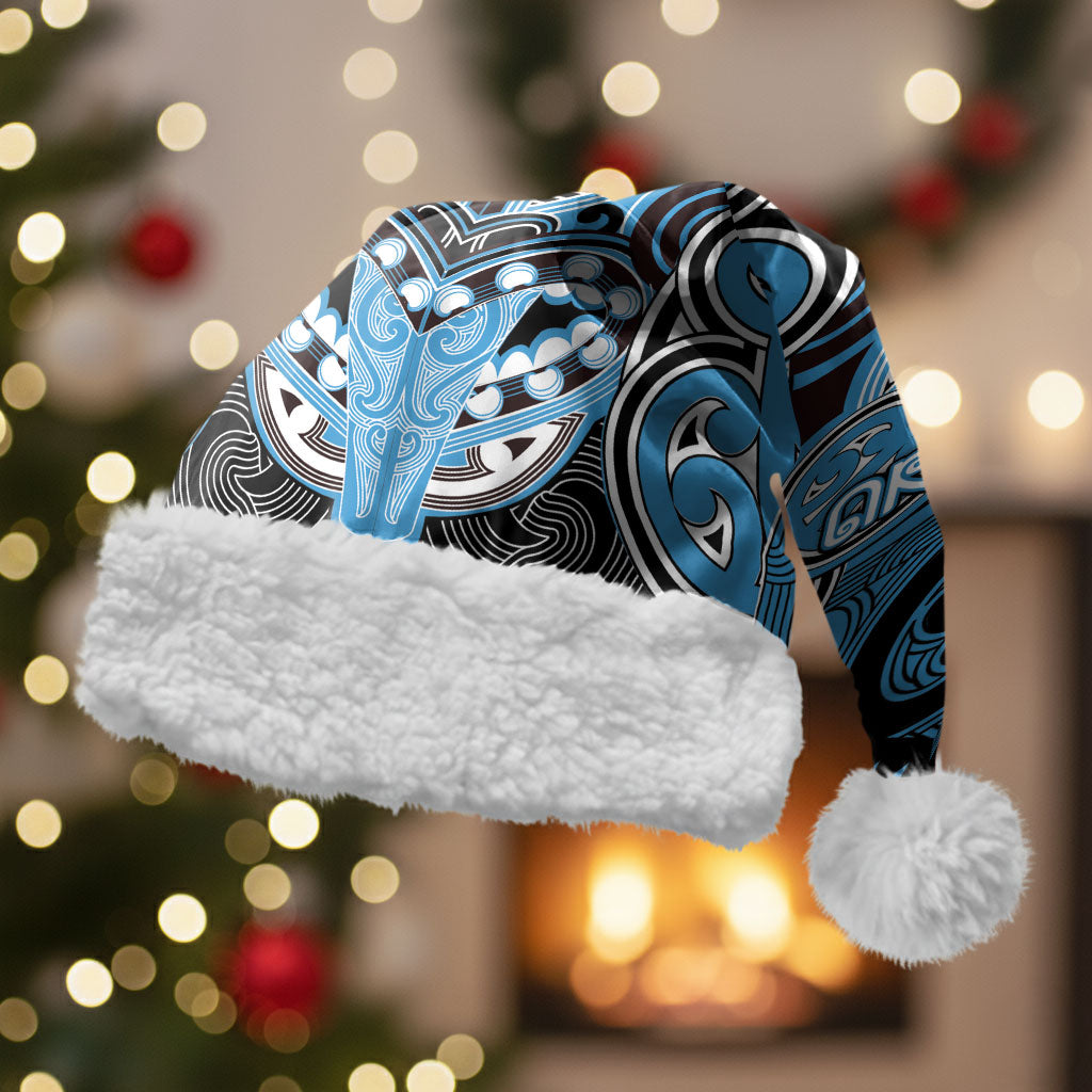 Aotearoa Iwi Ngati Kahungunu Personalised Christmas Santa Hat Maori Kowhaiwhai Pattern LT19 With Fur Blue - Polynesian Pride