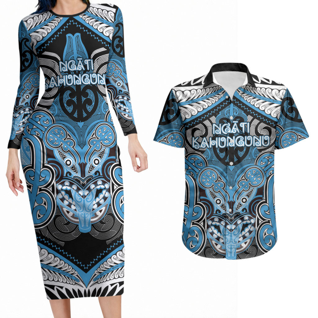 Aotearoa Iwi Ngati Kahungunu Personalised Couples Matching Long Sleeve Bodycon Dress and Hawaiian Shirt Maori Kowhaiwhai Pattern LT19 Blue - Polynesian Pride