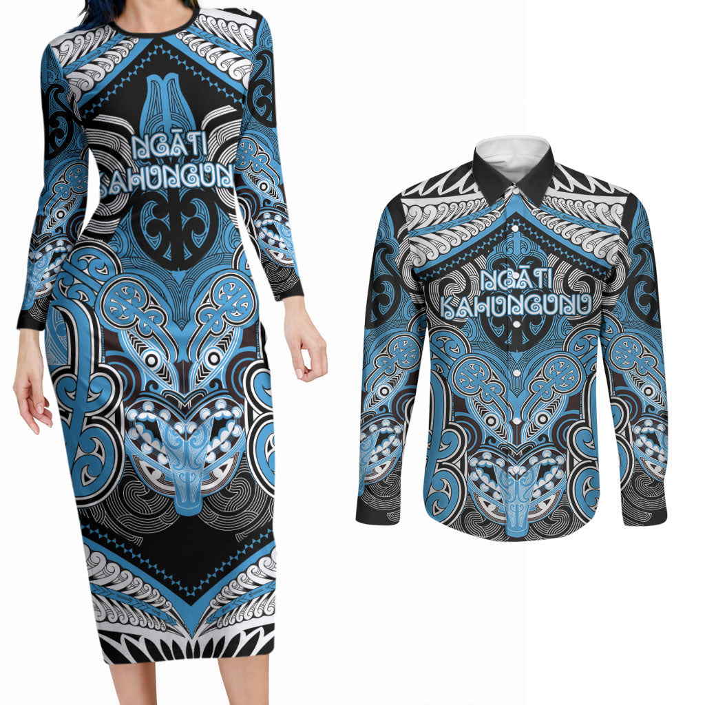Aotearoa Iwi Ngati Kahungunu Personalised Couples Matching Long Sleeve Bodycon Dress and Long Sleeve Button Shirt Maori Kowhaiwhai Pattern