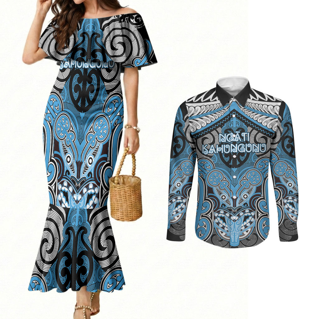 Aotearoa Iwi Ngati Kahungunu Personalised Couples Matching Mermaid Dress and Long Sleeve Button Shirt Maori Kowhaiwhai Pattern
