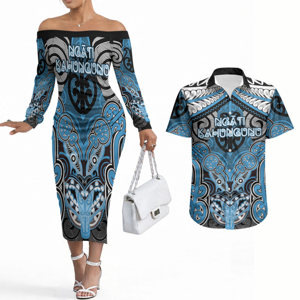 Aotearoa Iwi Ngati Kahungunu Personalised Couples Matching Off The Shoulder Long Sleeve Dress and Hawaiian Shirt Maori Kowhaiwhai Pattern LT19 Blue - Polynesian Pride