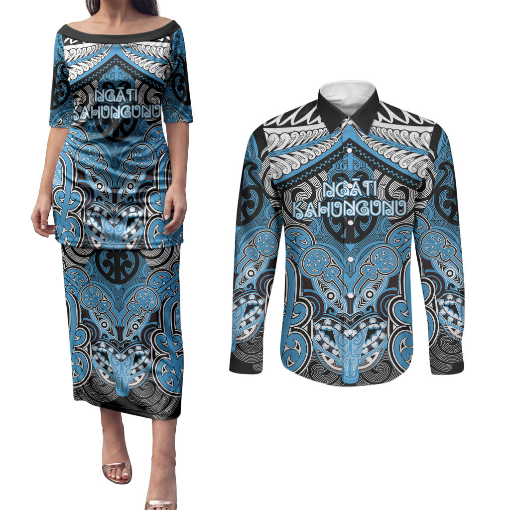 Aotearoa Iwi Ngati Kahungunu Personalised Couples Matching Puletasi and Long Sleeve Button Shirt Maori Kowhaiwhai Pattern LT19 Blue - Polynesian Pride