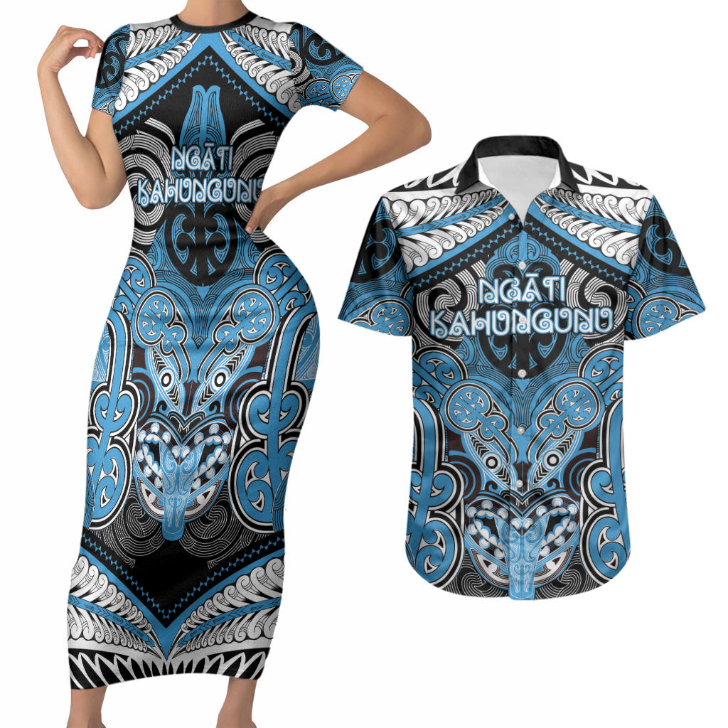 Aotearoa Iwi Ngati Kahungunu Personalised Couples Matching Short Sleeve Bodycon Dress and Hawaiian Shirt Maori Kowhaiwhai Pattern LT19 Blue - Polynesian Pride
