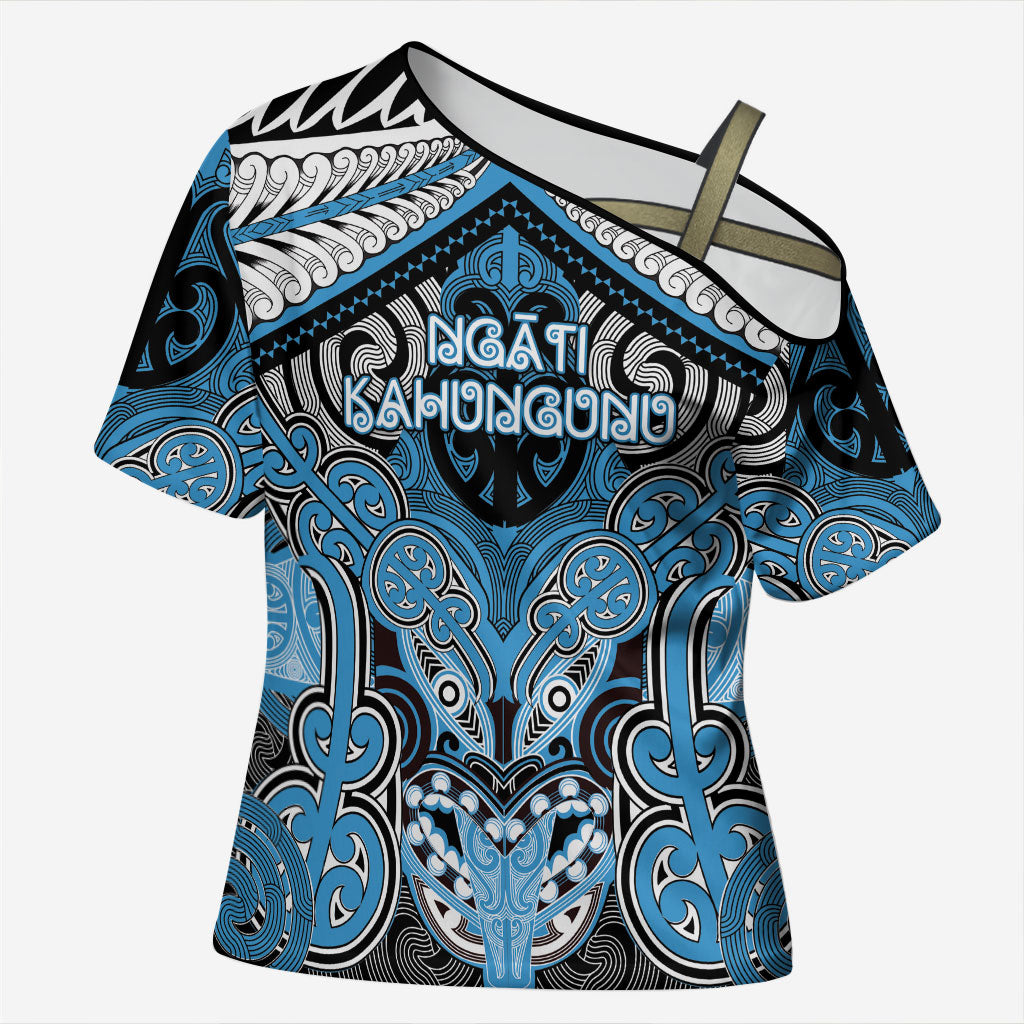 Aotearoa Iwi Ngati Kahungunu Personalised Cross Shoulder Shirt Maori Kowhaiwhai Pattern LT19 Female Blue - Polynesian Pride