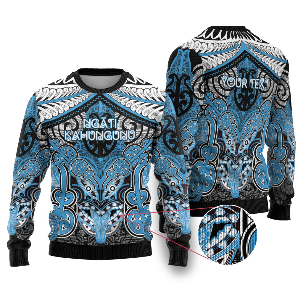 Aotearoa Iwi Ngati Kahungunu Personalised Ugly Christmas Sweater Maori Kowhaiwhai Pattern LT19 Blue - Polynesian Pride