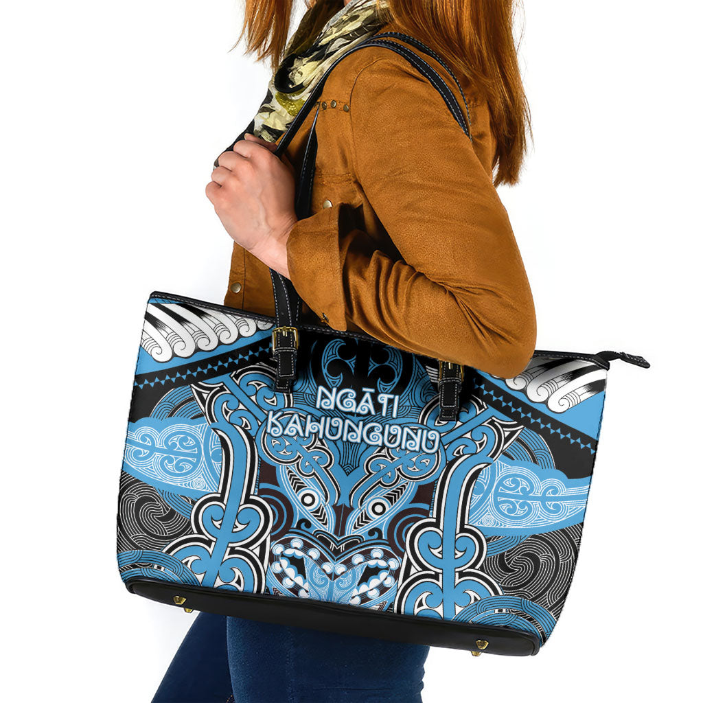 Aotearoa Iwi Ngati Kahungunu Leather Tote Bag Maori Kowhaiwhai Pattern LT19 Blue - Polynesian Pride