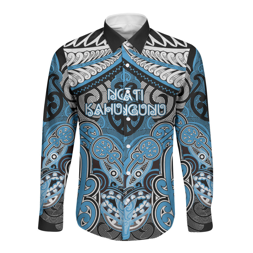 Aotearoa Iwi Ngati Kahungunu Personalised Long Sleeve Button Shirt Maori Kowhaiwhai Pattern LT19 Unisex Blue - Polynesian Pride