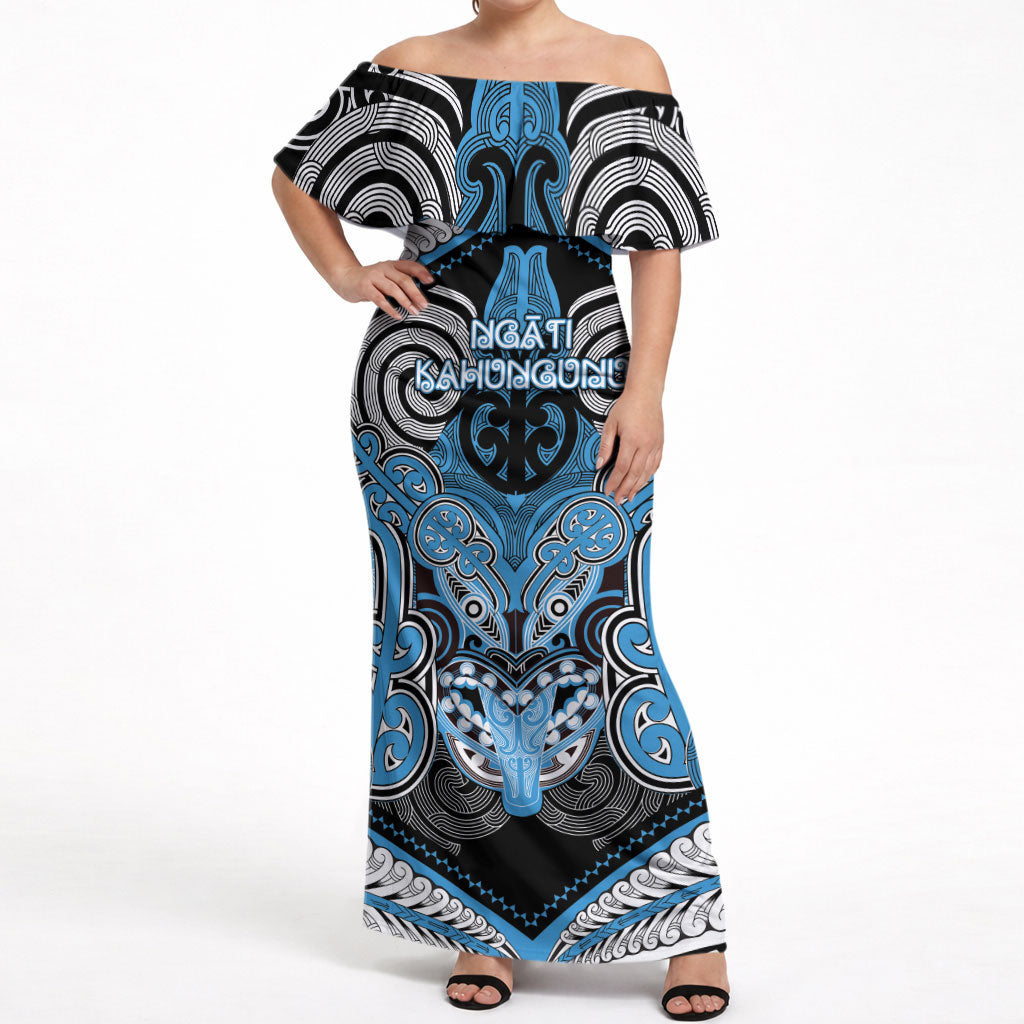 Aotearoa Iwi Ngati Kahungunu Personalised Off Shoulder Maxi Dress Maori Kowhaiwhai Pattern LT19 Women Blue - Polynesian Pride