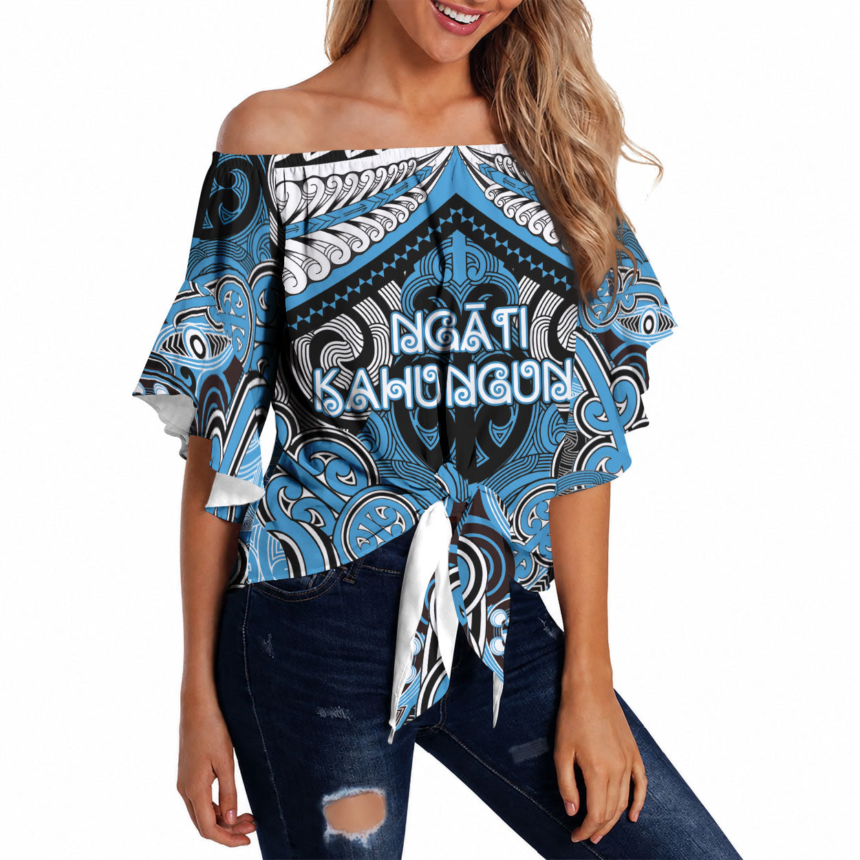 Aotearoa Iwi Ngati Kahungunu Personalised Off Shoulder Wrap Waist Top Maori Kowhaiwhai Pattern LT19 Blue - Polynesian Pride