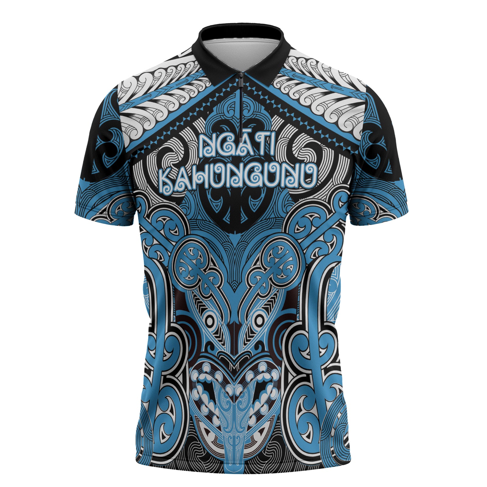 Aotearoa Iwi Ngati Kahungunu Personalised Zipper Polo Shirt Maori Kowhaiwhai Pattern LT19 Blue - Polynesian Pride