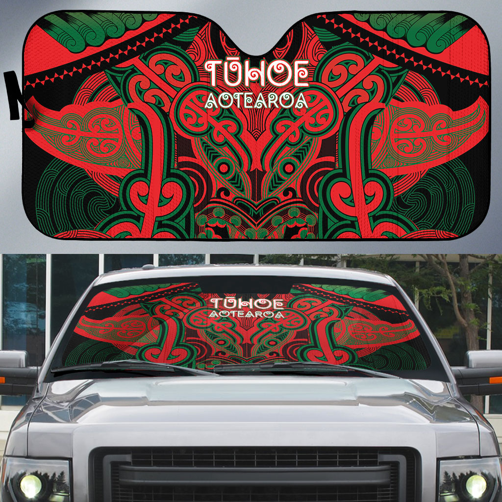 Aotearoa Iwi Tuhoe Auto Sun Shade Maori Kowhaiwhai Pattern LT19 Red - Polynesian Pride