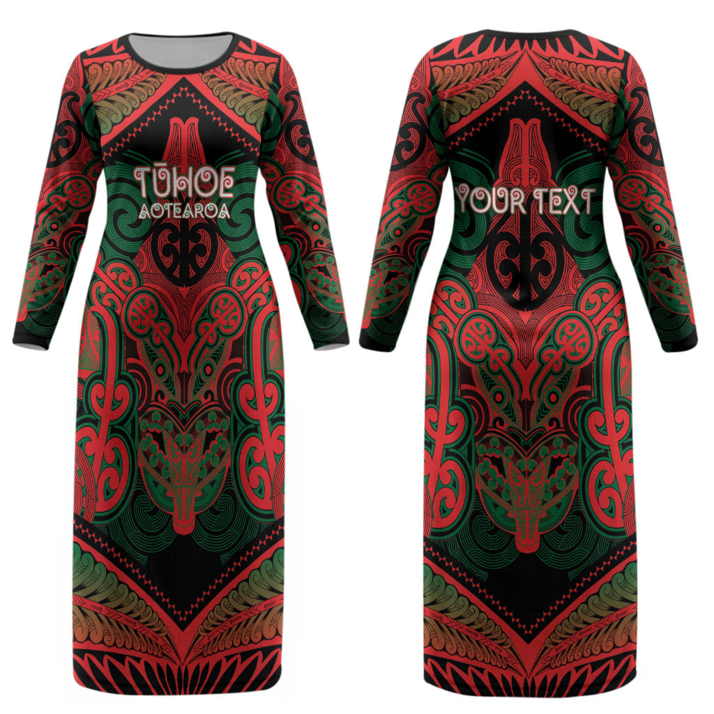 Aotearoa Iwi Tuhoe Personalised Couples Matching Long Sleeve Bodycon Dress and Hawaiian Shirt Maori Kowhaiwhai Pattern