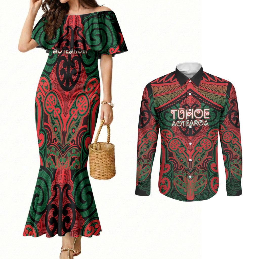 Aotearoa Iwi Tuhoe Personalised Couples Matching Mermaid Dress and Long Sleeve Button Shirt Maori Kowhaiwhai Pattern LT19 Red - Polynesian Pride