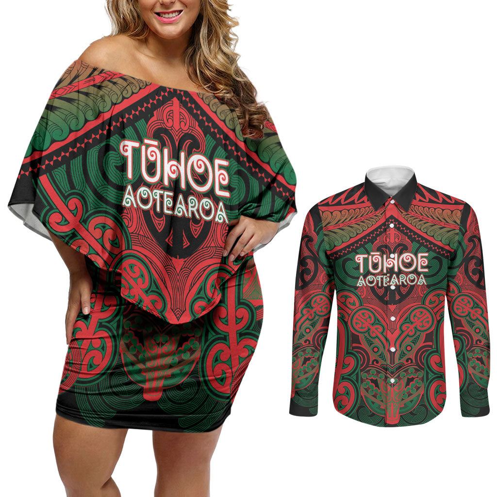 Aotearoa Iwi Tuhoe Personalised Couples Matching Off Shoulder Short Dress and Long Sleeve Button Shirt Maori Kowhaiwhai Pattern LT19 Red - Polynesian Pride