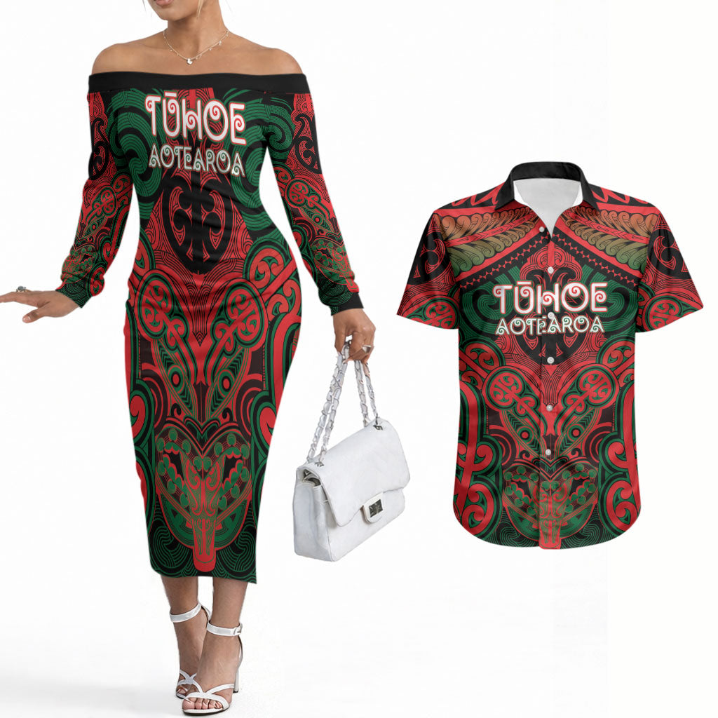 Aotearoa Iwi Tuhoe Personalised Couples Matching Off The Shoulder Long Sleeve Dress and Hawaiian Shirt Maori Kowhaiwhai Pattern