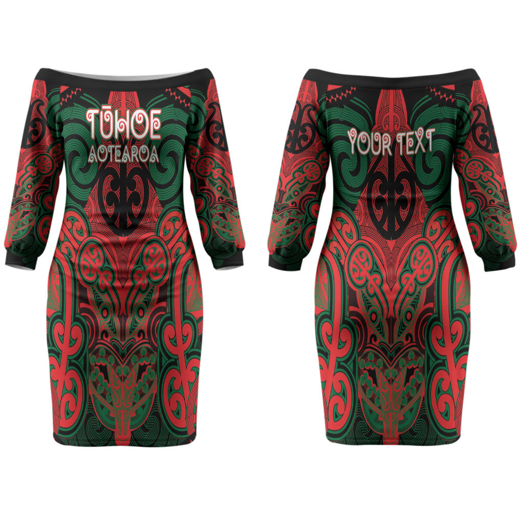 Aotearoa Iwi Tuhoe Personalised Couples Matching Off The Shoulder Long Sleeve Dress and Hawaiian Shirt Maori Kowhaiwhai Pattern