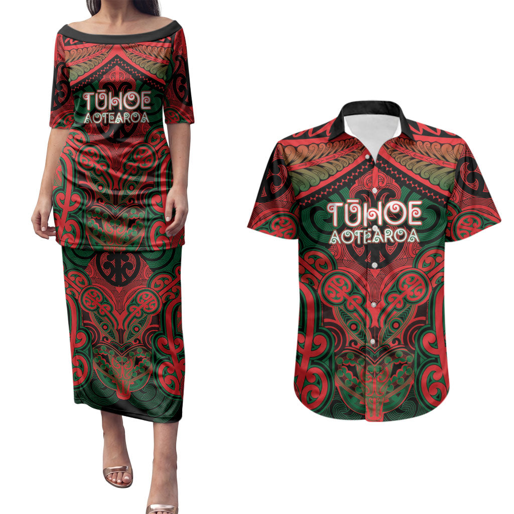 Aotearoa Iwi Tuhoe Personalised Couples Matching Puletasi and Hawaiian Shirt Maori Kowhaiwhai Pattern LT19 Red - Polynesian Pride