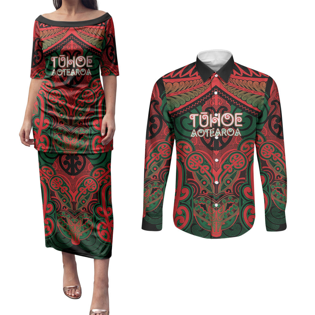 Aotearoa Iwi Tuhoe Personalised Couples Matching Puletasi and Long Sleeve Button Shirt Maori Kowhaiwhai Pattern LT19 Red - Polynesian Pride