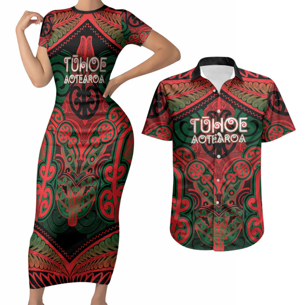 Aotearoa Iwi Tuhoe Personalised Couples Matching Short Sleeve Bodycon Dress and Hawaiian Shirt Maori Kowhaiwhai Pattern LT19 Red - Polynesian Pride