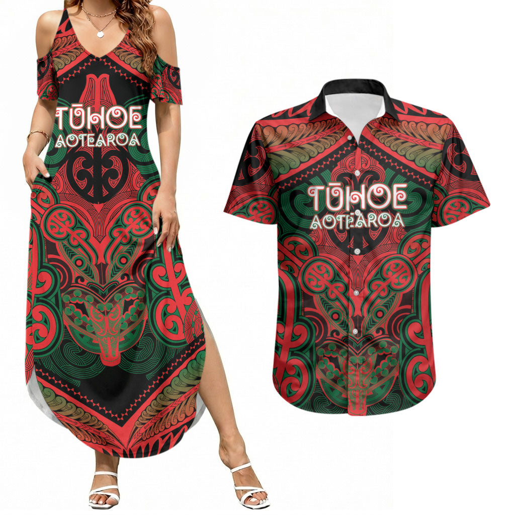 Aotearoa Iwi Tuhoe Personalised Couples Matching Summer Maxi Dress and Hawaiian Shirt Maori Kowhaiwhai Pattern