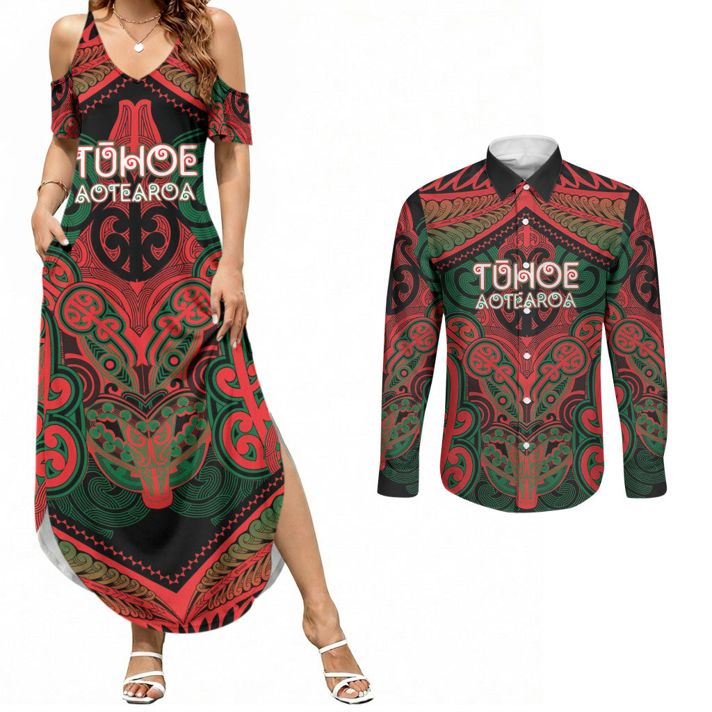 Aotearoa Iwi Tuhoe Personalised Couples Matching Summer Maxi Dress and Long Sleeve Button Shirt Maori Kowhaiwhai Pattern LT19 Red - Polynesian Pride