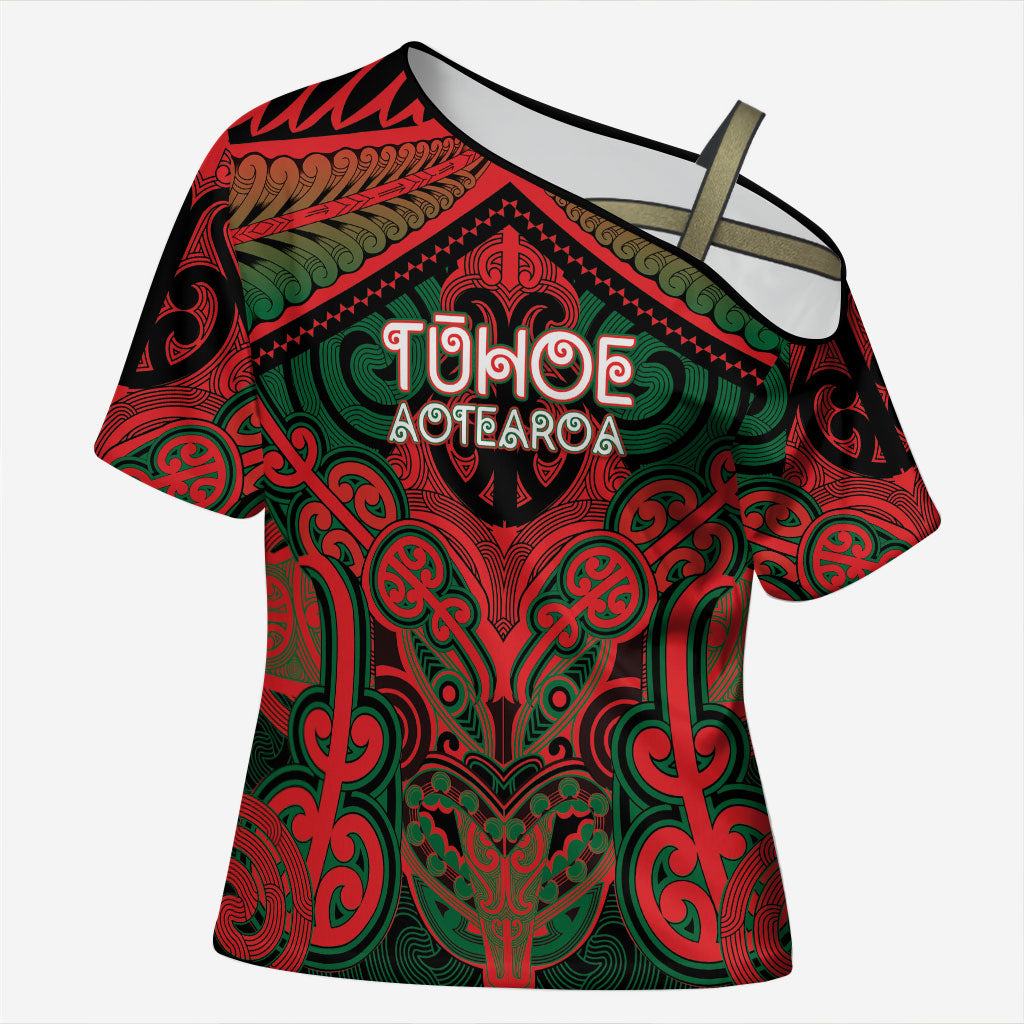 Aotearoa Iwi Tuhoe Personalised Cross Shoulder Shirt Maori Kowhaiwhai Pattern LT19 Female Red - Polynesian Pride