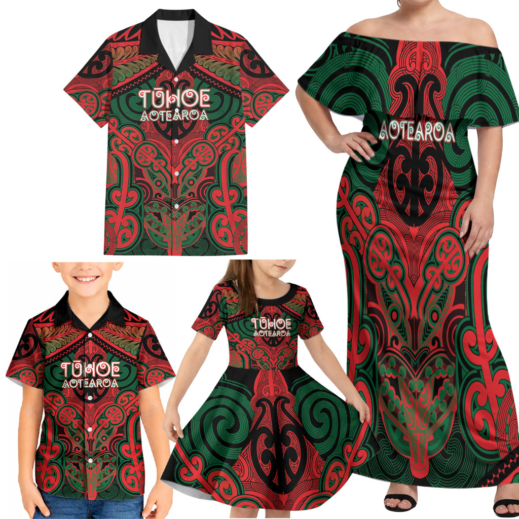 Aotearoa Iwi Tuhoe Personalised Family Matching Off Shoulder Maxi Dress and Hawaiian Shirt Maori Kowhaiwhai Pattern LT19 - Polynesian Pride