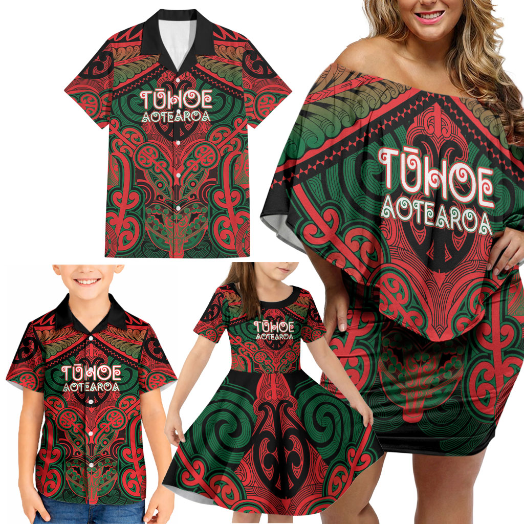 Aotearoa Iwi Tuhoe Personalised Family Matching Off Shoulder Short Dress and Hawaiian Shirt Maori Kowhaiwhai Pattern LT19 - Polynesian Pride