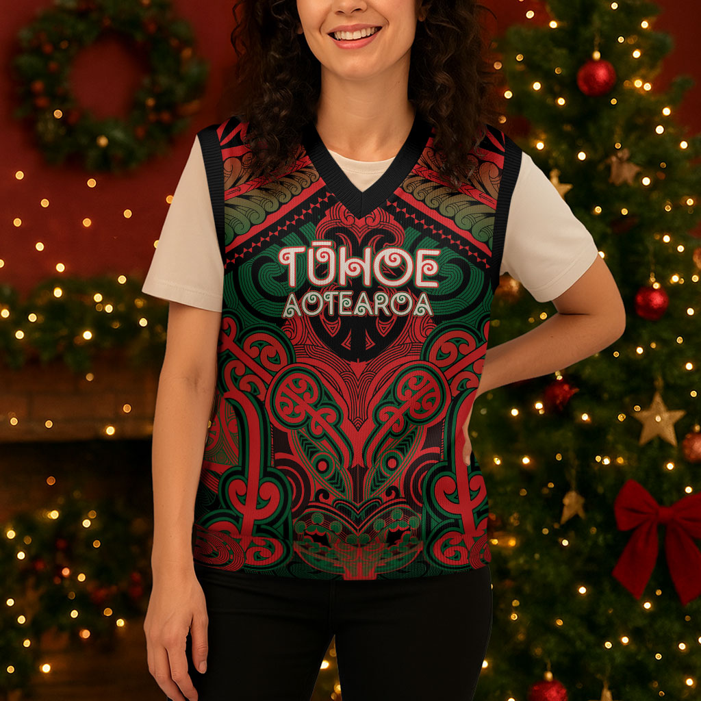 Aotearoa Iwi Tuhoe Personalised Christmas Knitted V-Neck Vest Maori Kowhaiwhai Pattern