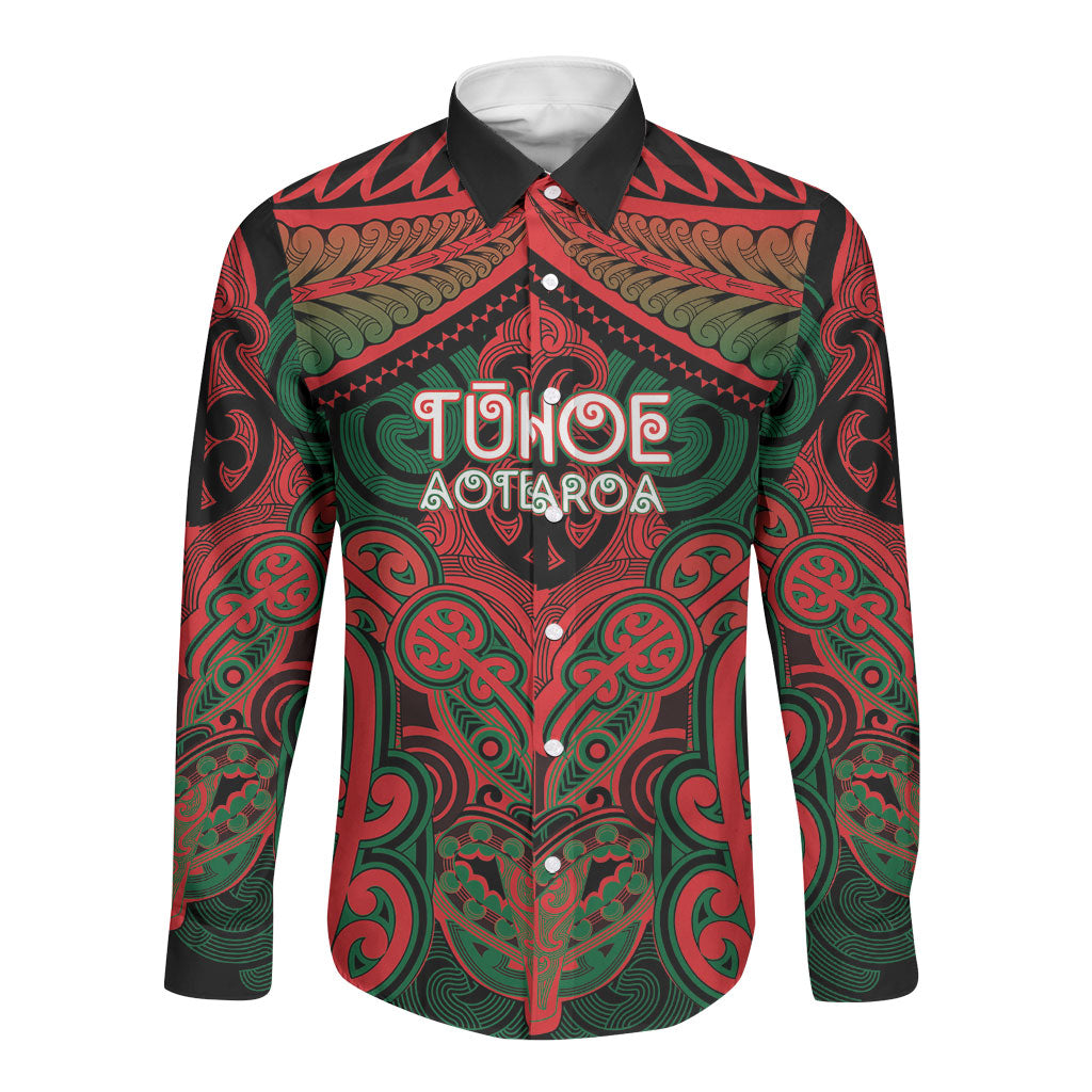 Aotearoa Iwi Tuhoe Personalised Long Sleeve Button Shirt Maori Kowhaiwhai Pattern LT19 Unisex Red - Polynesian Pride
