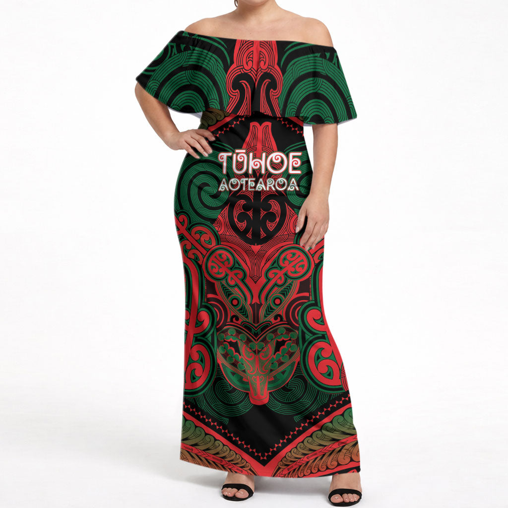 Aotearoa Iwi Tuhoe Personalised Off Shoulder Maxi Dress Maori Kowhaiwhai Pattern LT19 Women Red - Polynesian Pride