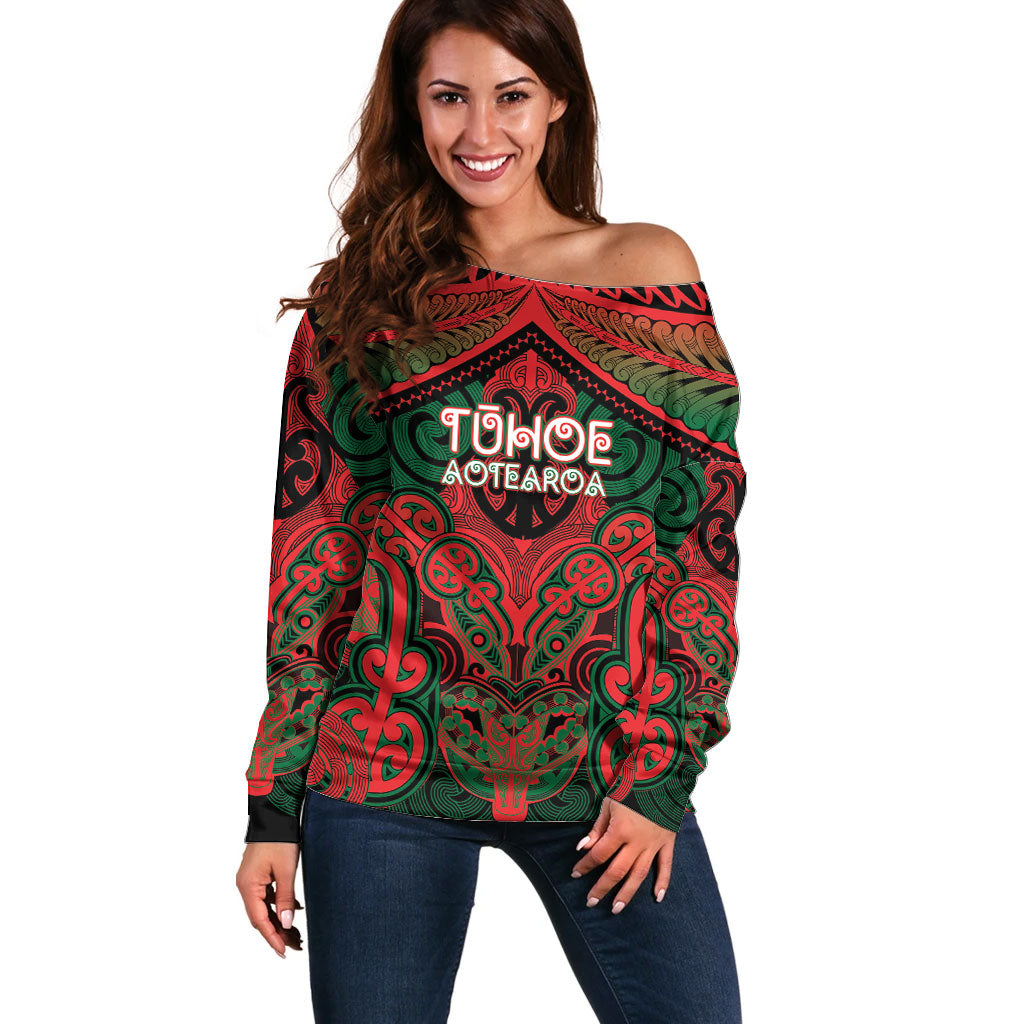 Aotearoa Iwi Tuhoe Personalised Off Shoulder Sweater Maori Kowhaiwhai Pattern LT19 Women Red - Polynesian Pride