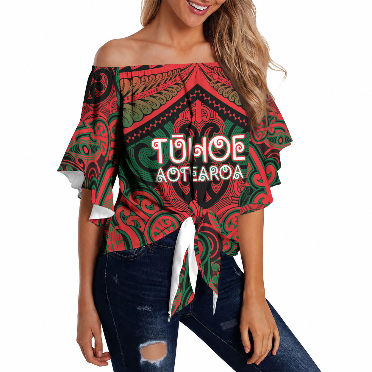 Aotearoa Iwi Tuhoe Personalised Off Shoulder Wrap Waist Top Maori Kowhaiwhai Pattern LT19 Red - Polynesian Pride