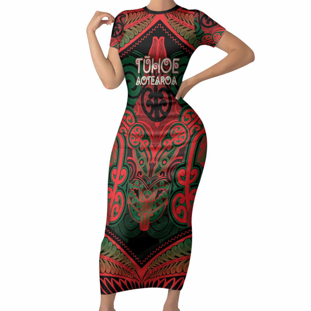 Aotearoa Iwi Tuhoe Personalised Short Sleeve Bodycon Dress Maori Kowhaiwhai Pattern LT19 Long Dress Red - Polynesian Pride