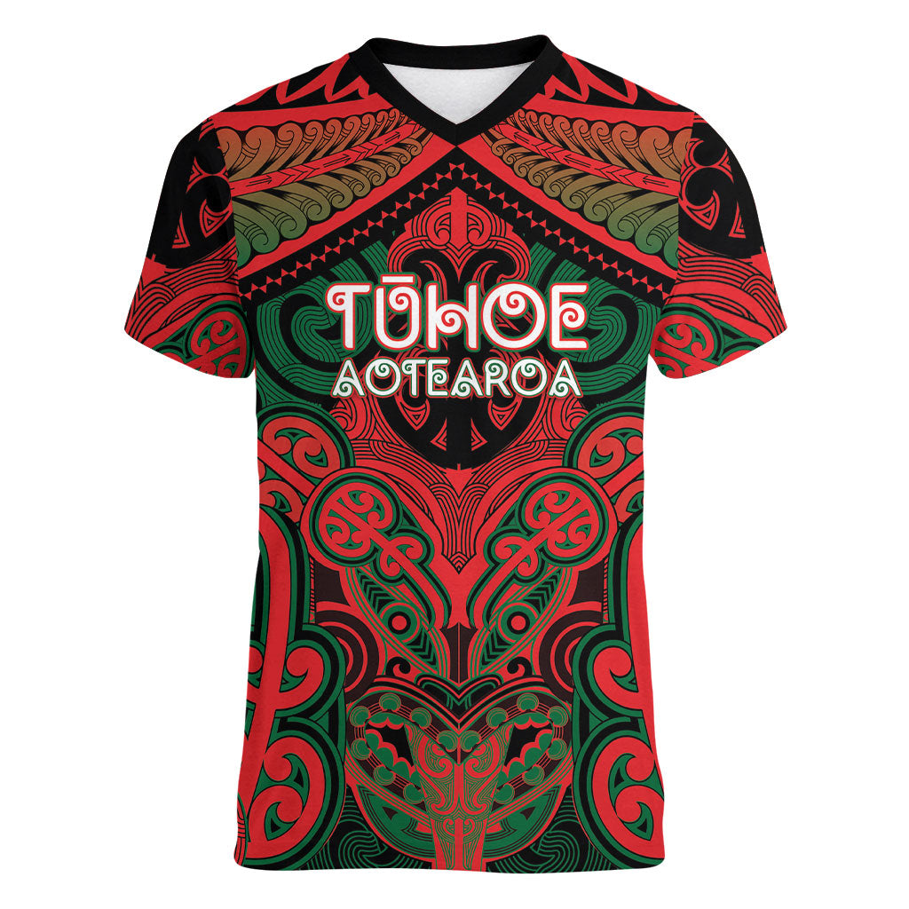 Aotearoa Iwi Tuhoe Personalised Women V-Neck T-Shirt Maori Kowhaiwhai Pattern LT19 Female Red - Polynesian Pride