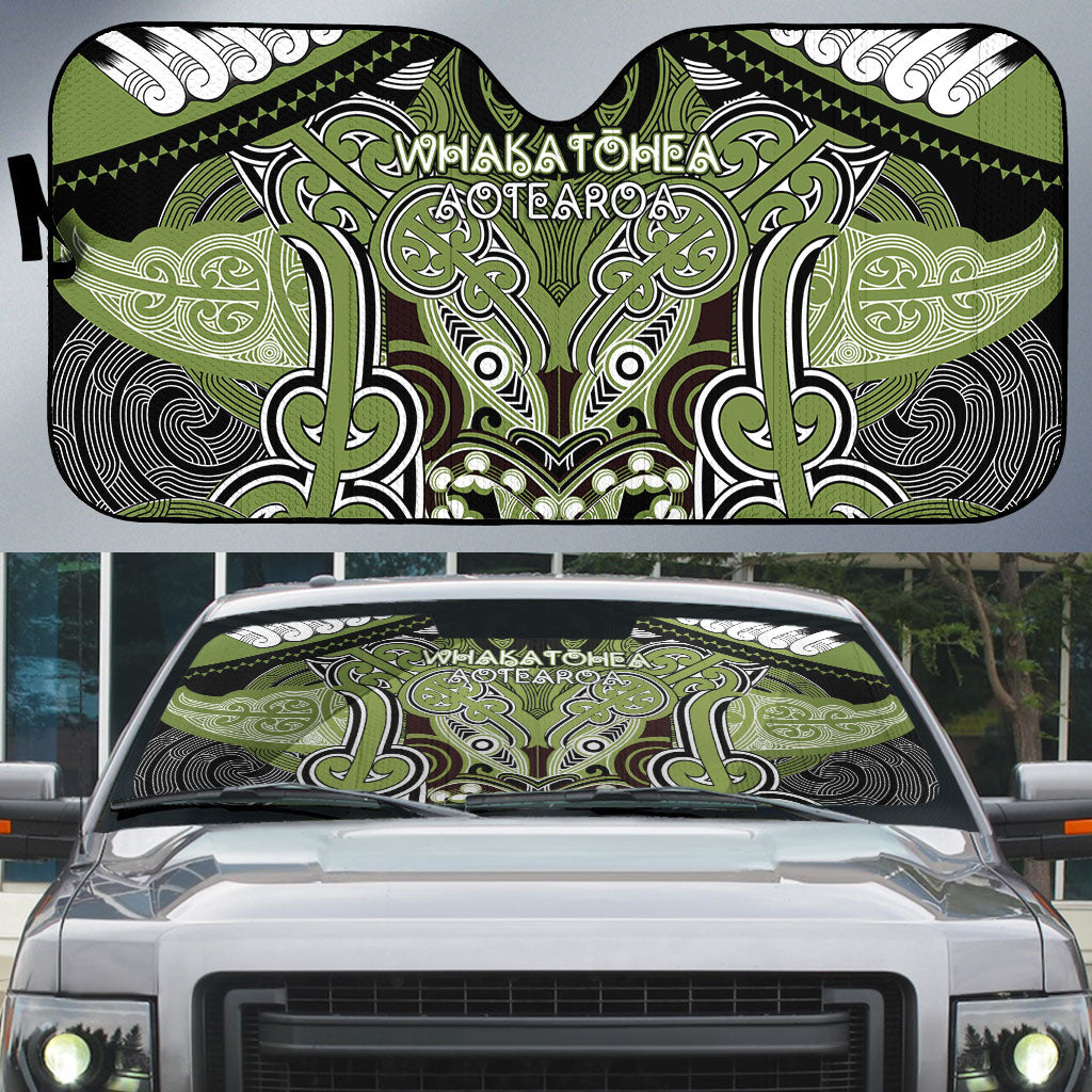 Aotearoa Iwi Whakatohea Auto Sun Shade Maori Kowhaiwhai Pattern LT19 Olive Green - Polynesian Pride