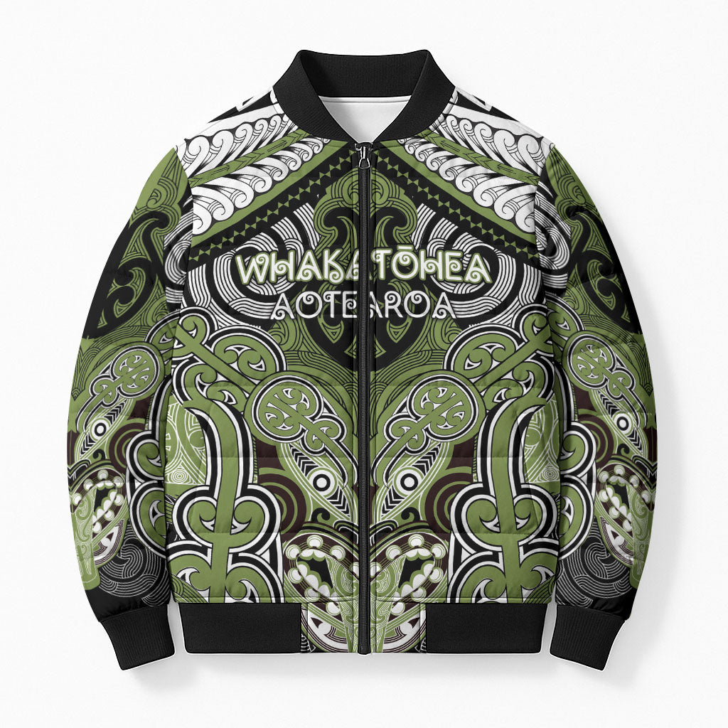 Aotearoa Iwi Whakatohea Personalised Bomber Puffer Jacket Maori Kowhaiwhai Pattern LT19 Unisex Olive Green - Polynesian Pride