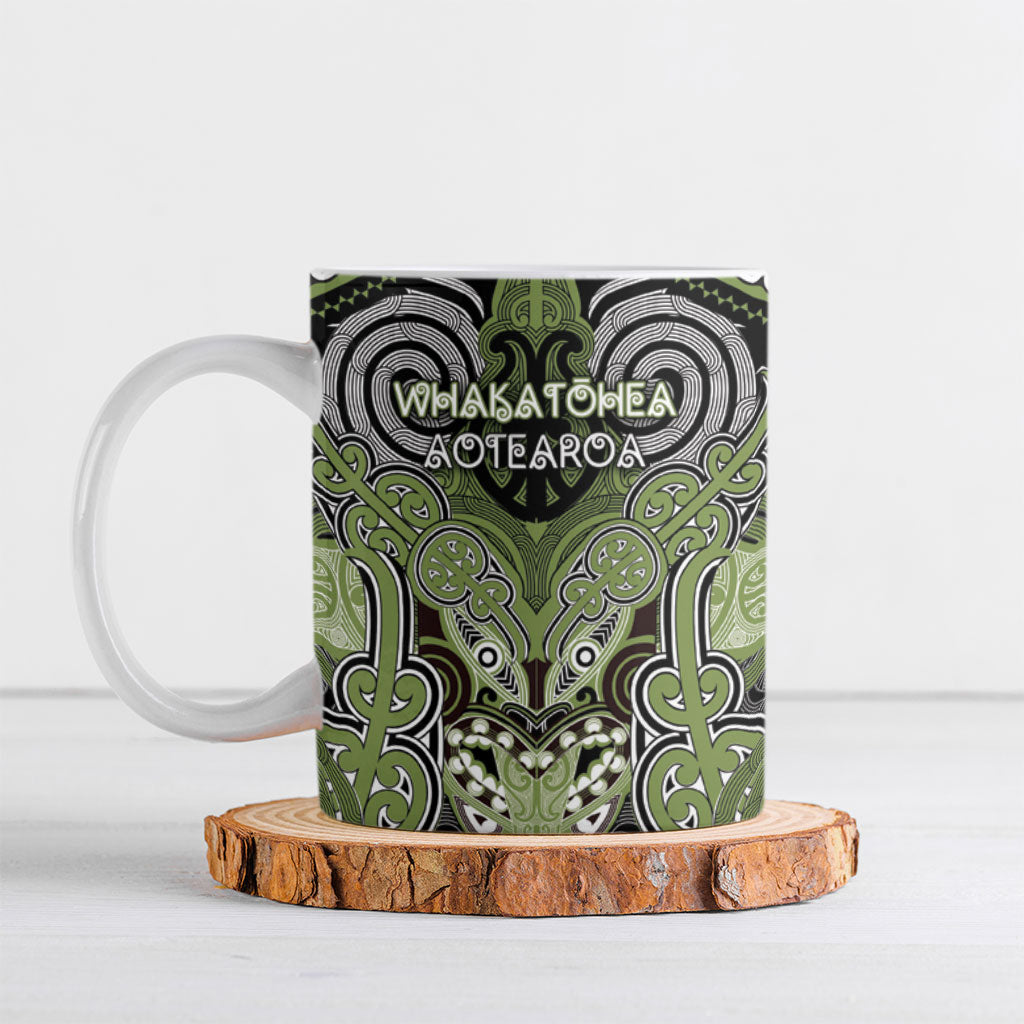 Aotearoa Iwi Whakatohea Personalised Ceramic Mug Maori Kowhaiwhai Pattern LT19 Olive Green - Polynesian Pride