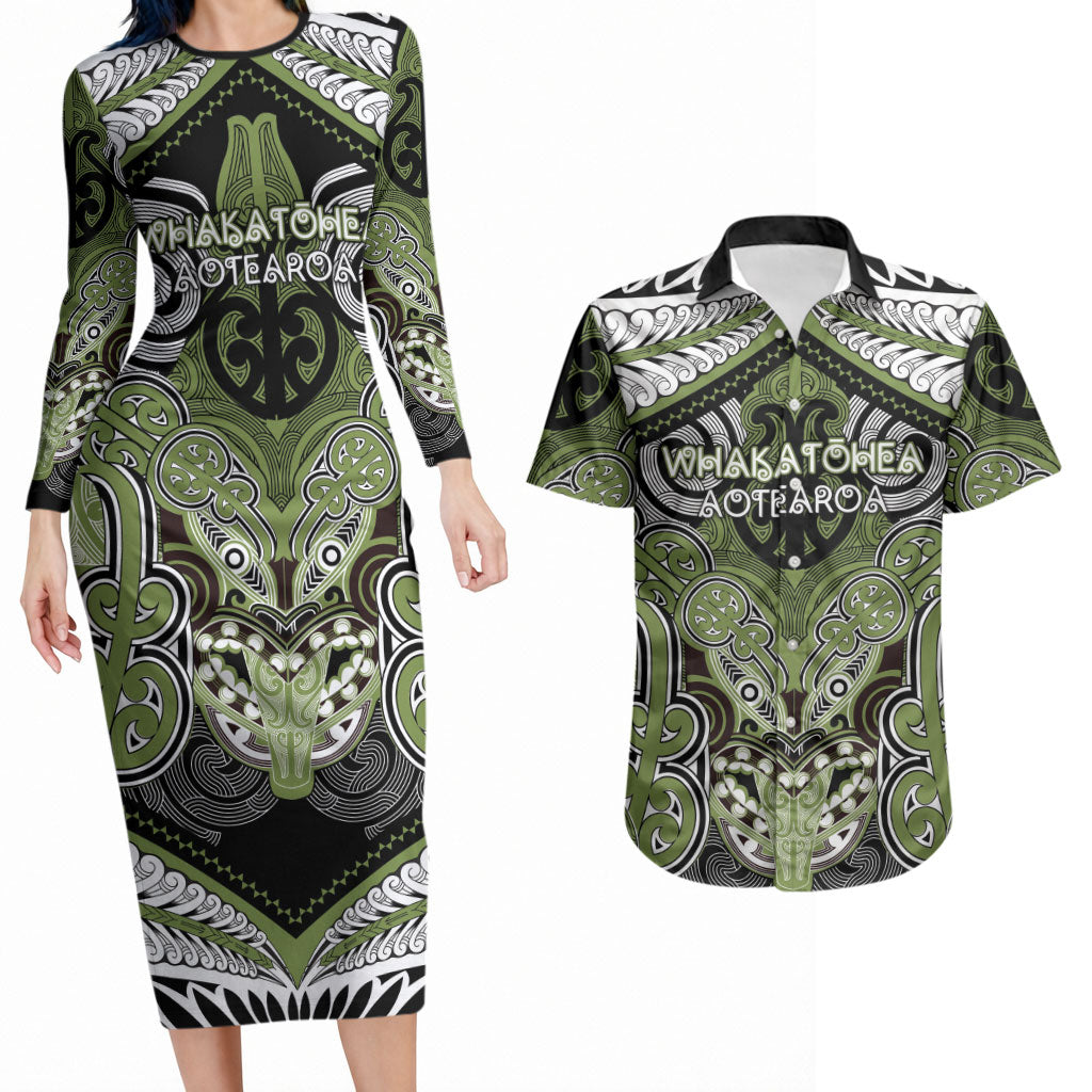 Aotearoa Iwi Whakatohea Personalised Couples Matching Long Sleeve Bodycon Dress and Hawaiian Shirt Maori Kowhaiwhai Pattern LT19 Olive Green - Polynesian Pride